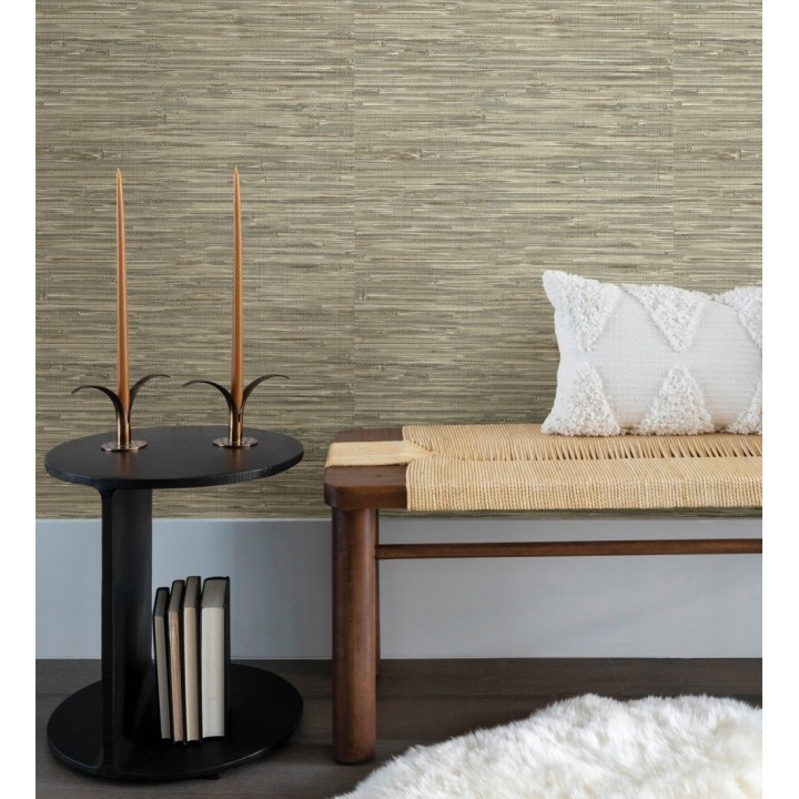 Papel pintado efecto cañas entrelazadas con yute natural en tonos verde salvia y beige - Talasari Bamboo 683004