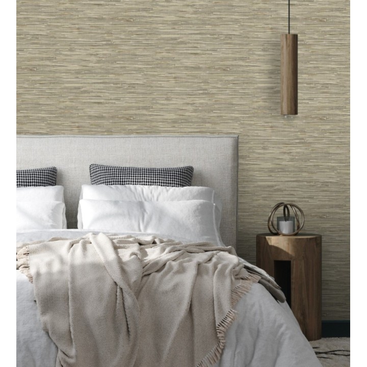 Papel pintado efecto cañas entrelazadas con yute natural en tonos verde salvia y beige - Talasari Bamboo 683004