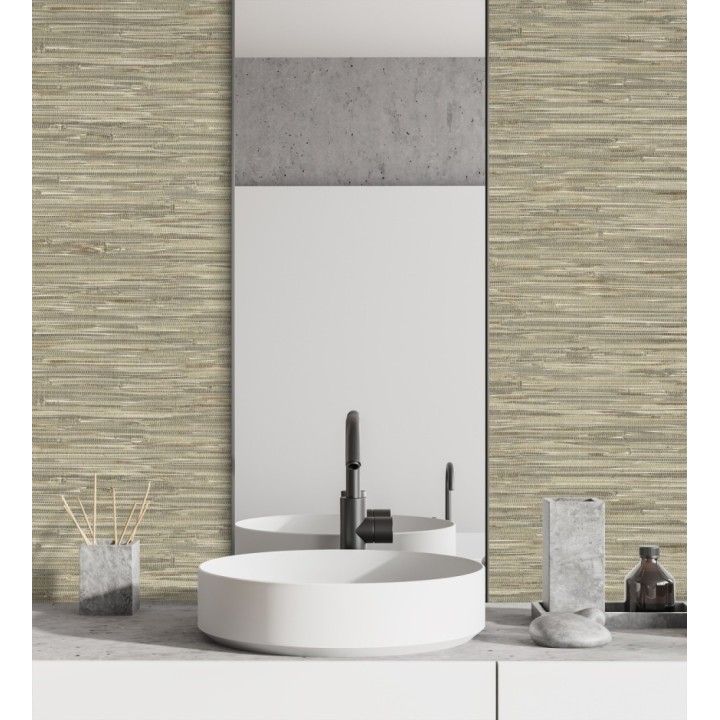 Papel pintado efecto cañas entrelazadas con yute natural en tonos verde salvia y beige - Talasari Bamboo 683004