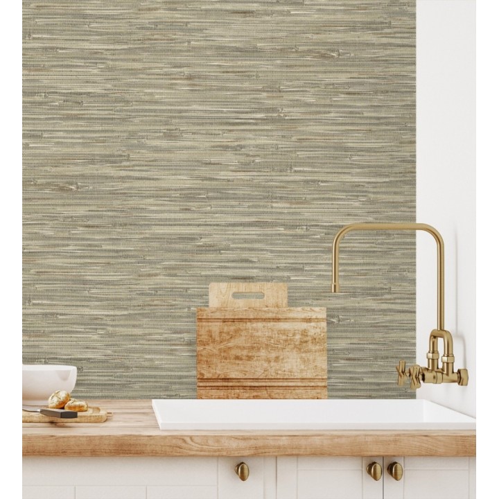 Papel pintado efecto cañas entrelazadas con yute natural en tonos verde salvia y beige - Talasari Bamboo 683004