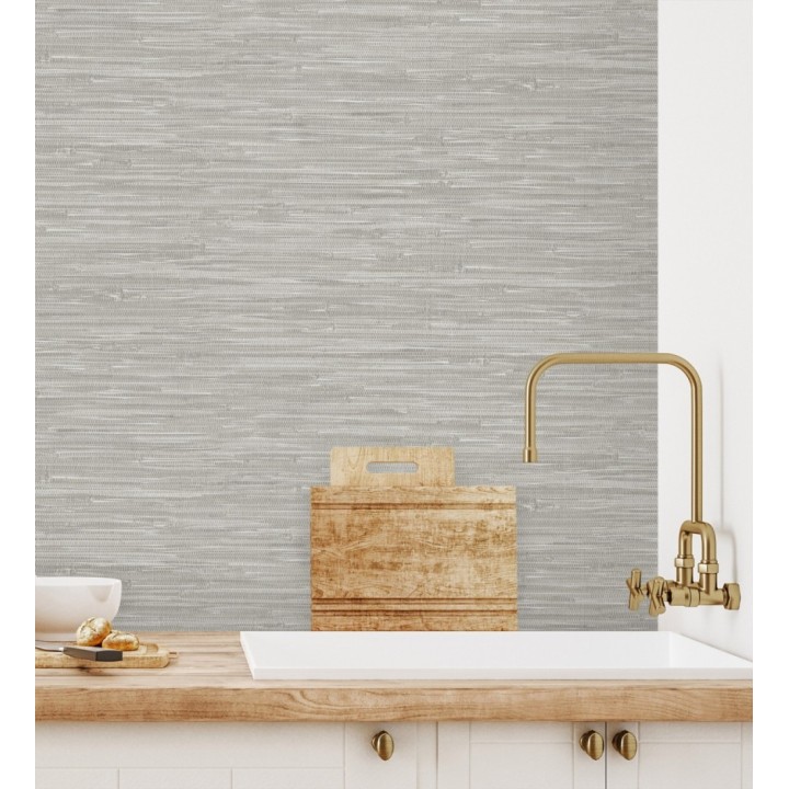 Papel pintado efecto cañas entrelazadas con yute natural en tonos grises - Talasari Bamboo 683005