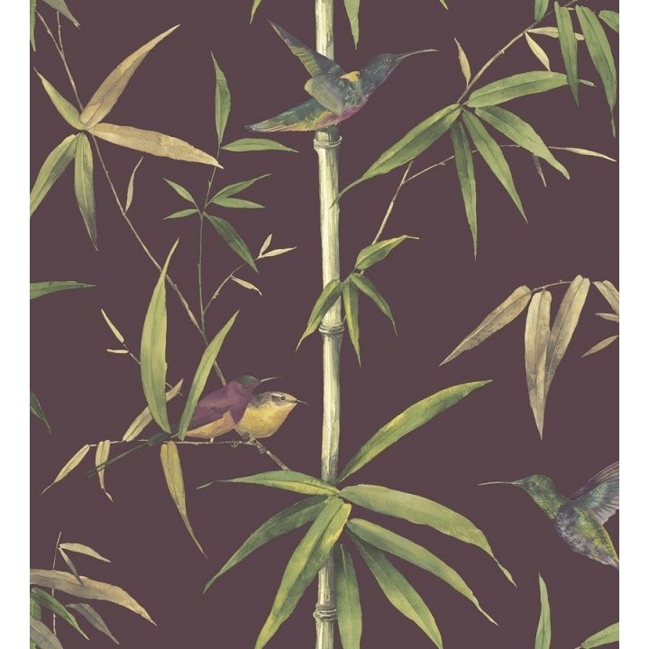 Papel pintado tropical con pájaros y hojas fondo oscuro - Guinea Tropical 124173