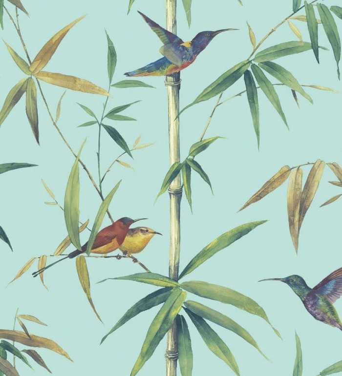 Papel pintado tropical con pájaros y hojas fondo celeste - Guinea Tropical 124174