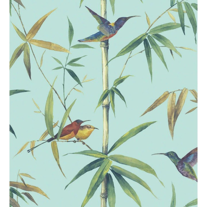 Papel pintado tropical con pájaros y hojas fondo celeste - Guinea Tropical 124174