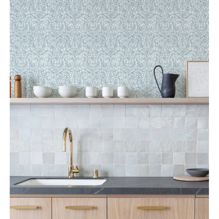 Papel pintado diseño ornamental de hojas fondo tonos azules - Florence Leaves 683031