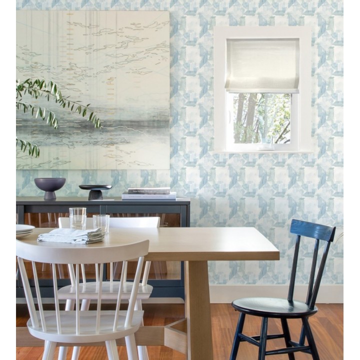 Papel pintado geométrico en acuarela suave con tonos azules - Kyoto Dimensions 683059
