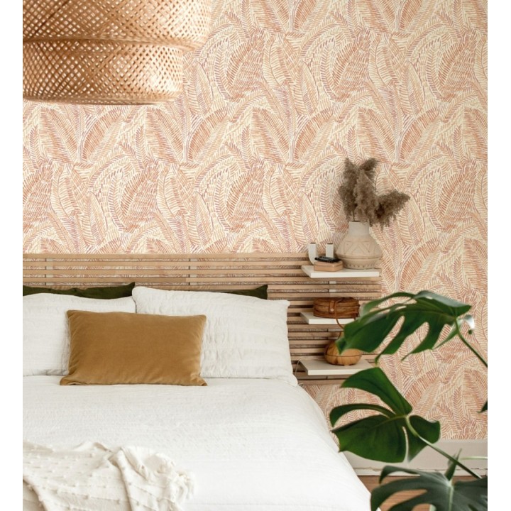 Papel pintado de hojas tropicales en tonos suaves anaranjados - Copacabana Leaves 683062