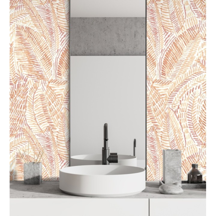 Papel pintado de hojas tropicales en tonos suaves anaranjados - Copacabana Leaves 683062