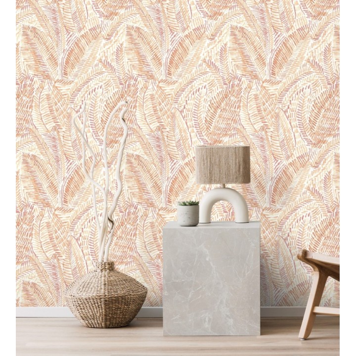 Papel pintado de hojas tropicales en tonos suaves anaranjados - Copacabana Leaves 683062