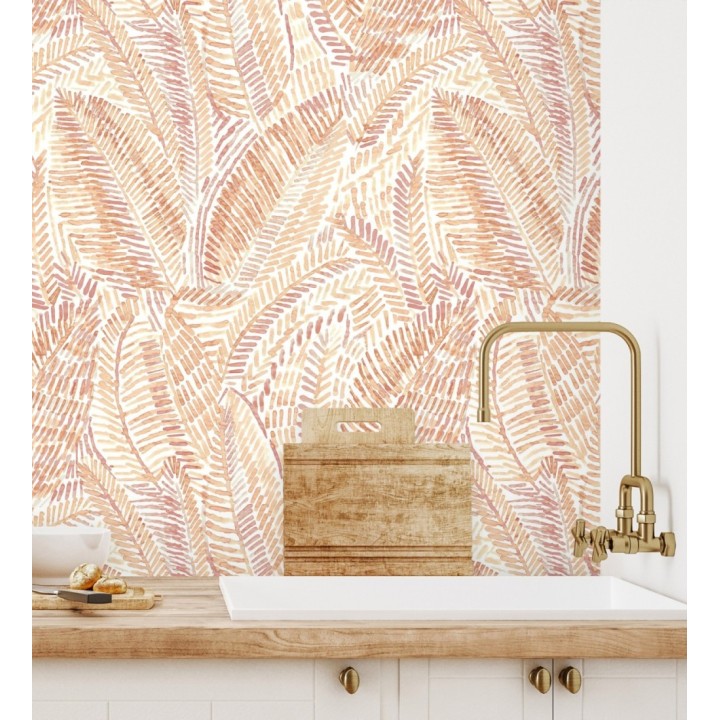 Papel pintado de hojas tropicales en tonos suaves anaranjados - Copacabana Leaves 683062