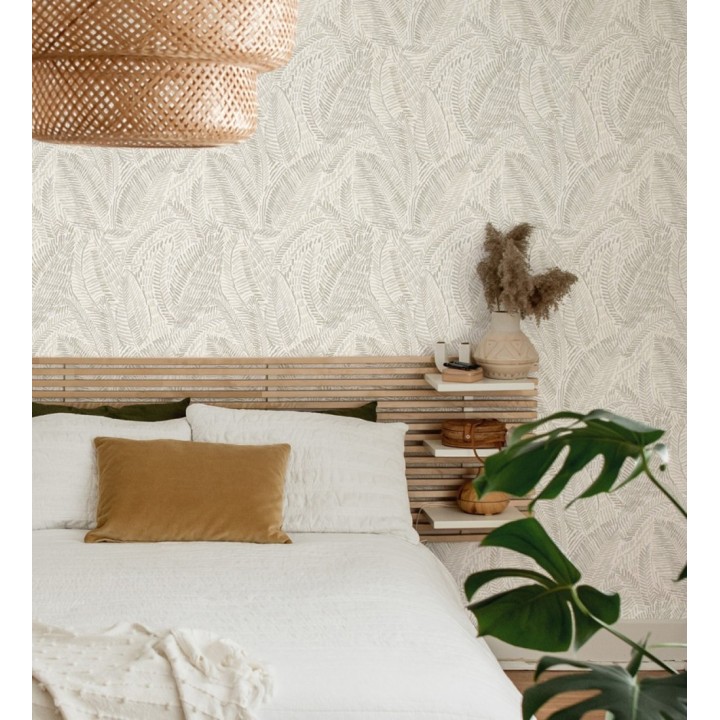 Papel pintado de hojas tropicales en tonos suaves grises - Copacabana Leaves 683063