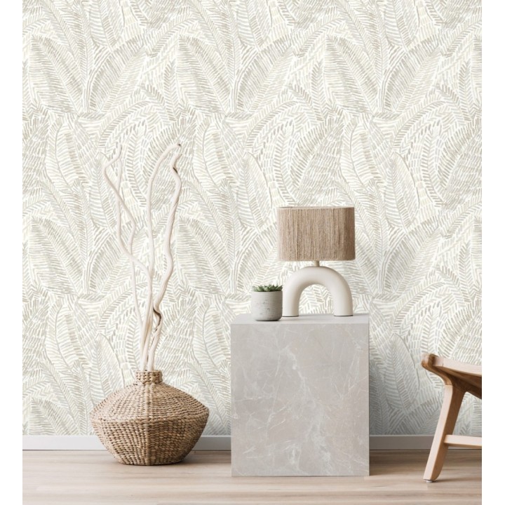 Papel pintado de hojas tropicales en tonos suaves grises - Copacabana Leaves 683063