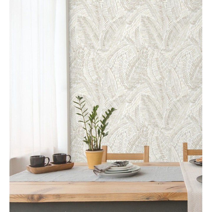 Papel pintado de hojas tropicales en tonos suaves grises - Copacabana Leaves 683063