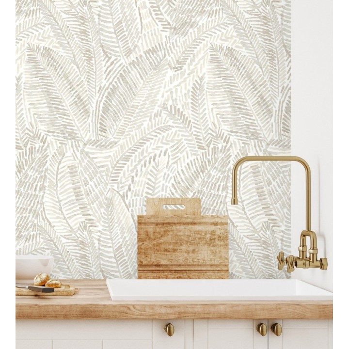 Papel pintado de hojas tropicales en tonos suaves grises - Copacabana Leaves 683063