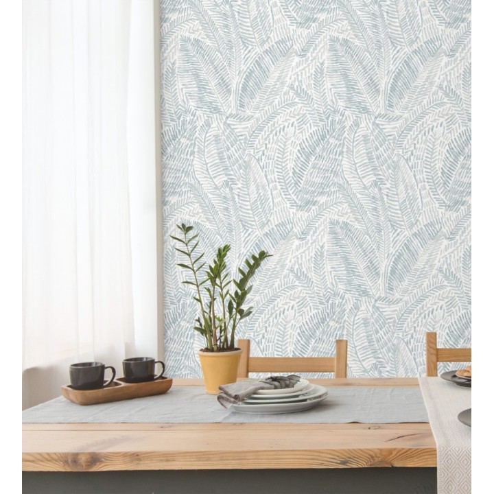 Papel pintado de hojas tropicales en tonos suaves azules - Copacabana Leaves 683064