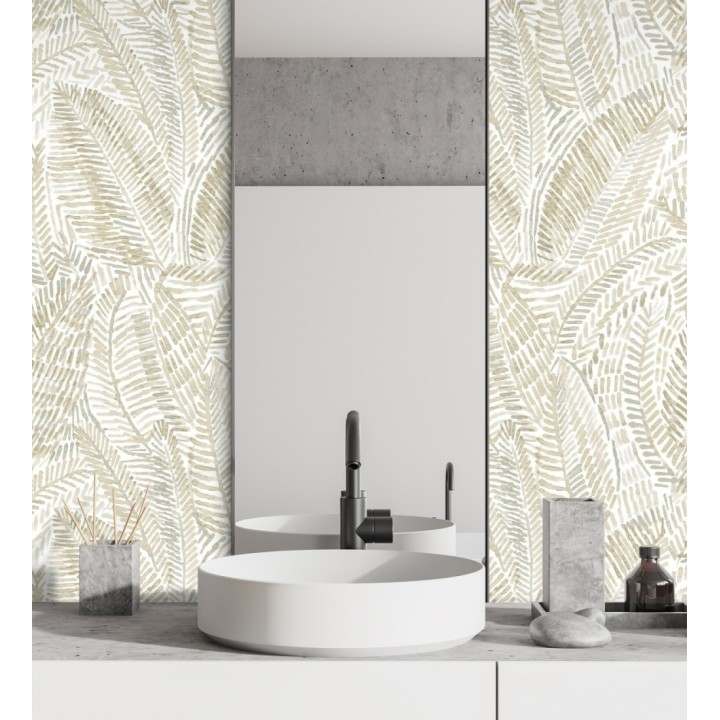 Papel pintado de hojas tropicales en tonos suaves beige - Copacabana Leaves 683065