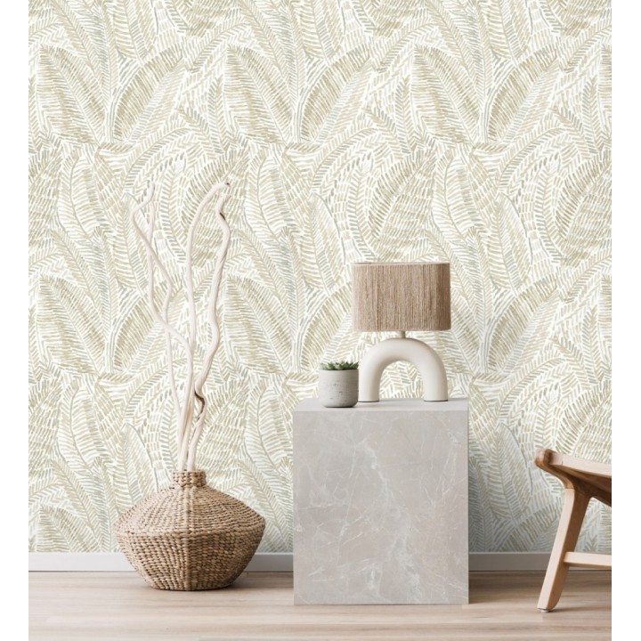 Papel pintado de hojas tropicales en tonos suaves beige - Copacabana Leaves 683065