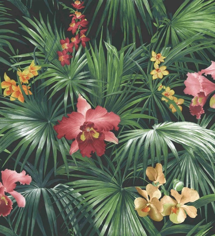 Papel pintado hojas de la jungla dominicana verde oscuro y rojo - Dominican Jungle 124197