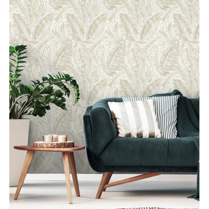 Papel pintado de hojas tropicales en tonos suaves beige - Copacabana Leaves 683065