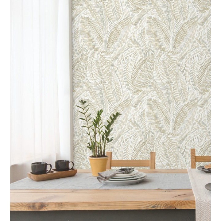 Papel pintado de hojas tropicales en tonos suaves beige - Copacabana Leaves 683065