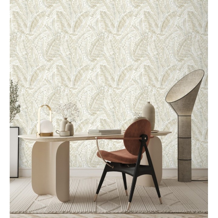 Papel pintado de hojas tropicales en tonos suaves beige - Copacabana Leaves 683065