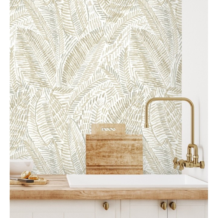 Papel pintado de hojas tropicales en tonos suaves beige - Copacabana Leaves 683065