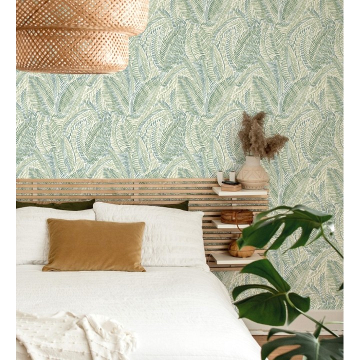 Papel pintado de hojas tropicales en tonos suaves verdes - Copacabana Leaves 683066