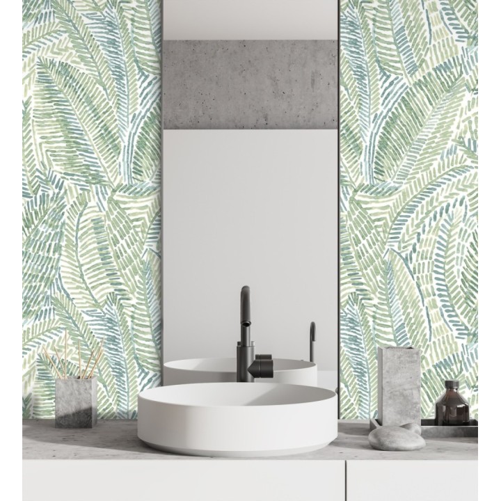 Papel pintado de hojas tropicales en tonos suaves verdes - Copacabana Leaves 683066