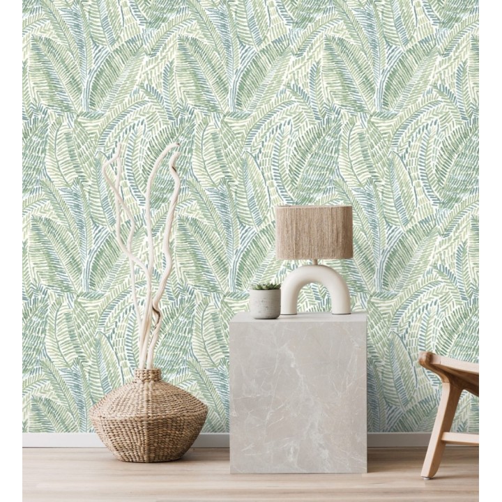 Papel pintado de hojas tropicales en tonos suaves verdes - Copacabana Leaves 683066