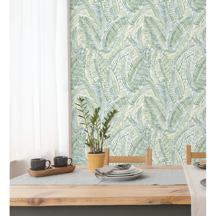 Papel pintado de hojas tropicales en tonos suaves verdes - Copacabana Leaves 683066