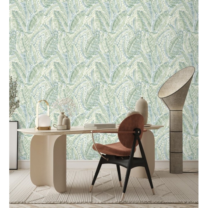 Papel pintado de hojas tropicales en tonos suaves verdes - Copacabana Leaves 683066