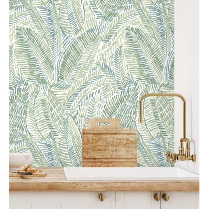 Papel pintado de hojas tropicales en tonos suaves verdes - Copacabana Leaves 683066