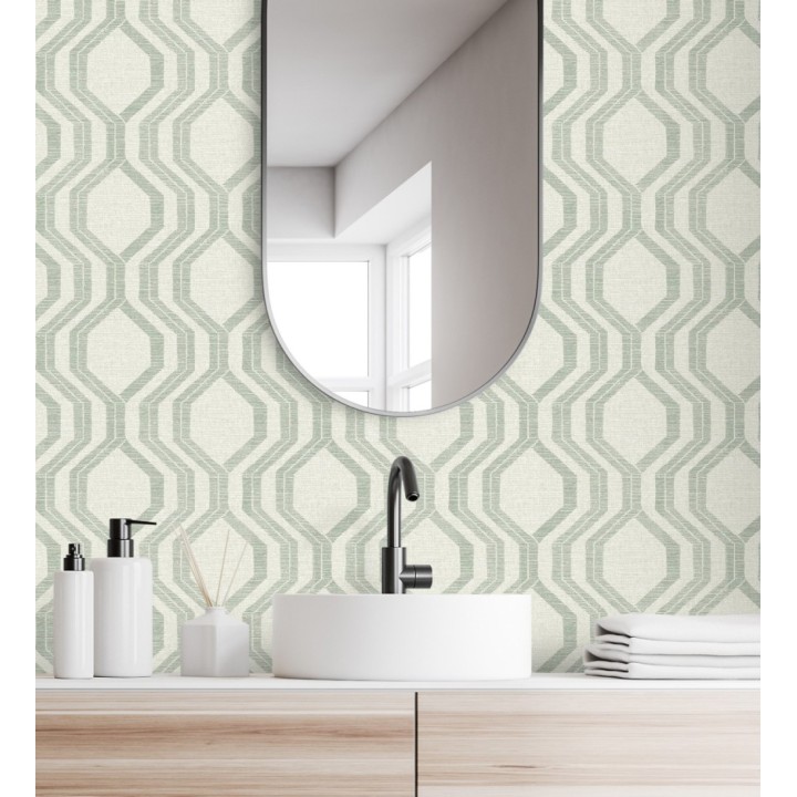 Papel pintado con diseño de hexágonos texturizados en tonos verde y grises - Hexagon Harmony 683075