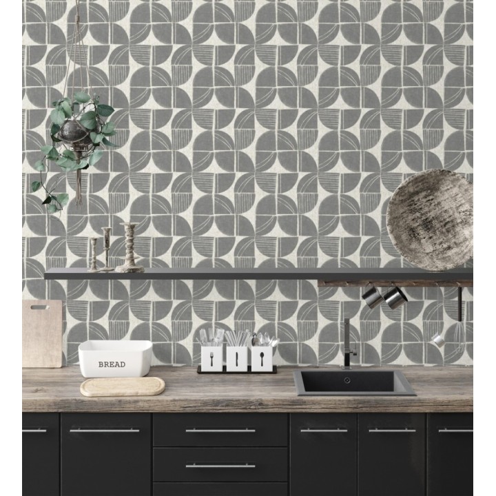 Papel pintado geométrico de inspiración africana gris pizarra - Tribal Harmony 683080