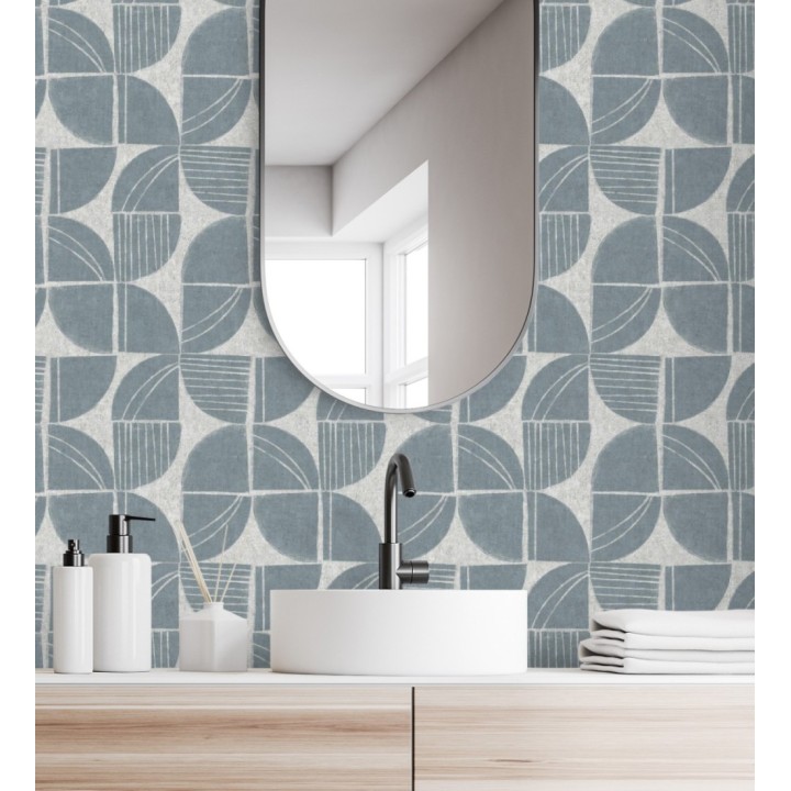 Papel pintado geométrico de inspiración africana azul petróleo - Tribal Harmony 683082