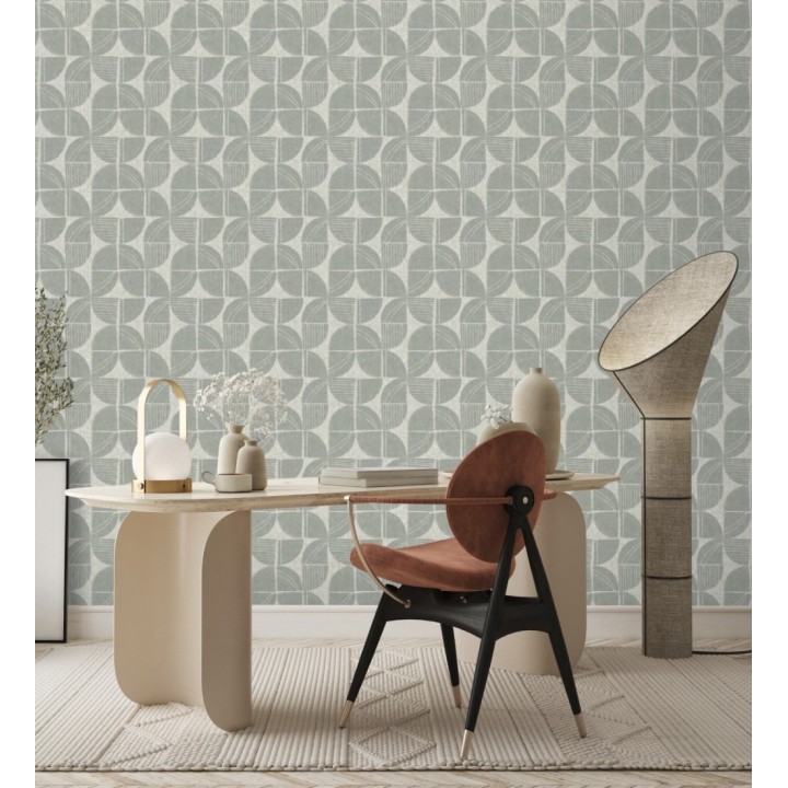 Papel pintado geométrico de inspiración africana verde salvia - Tribal Harmony 683083