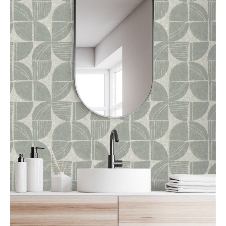 Papel pintado geométrico de inspiración africana verde salvia - Tribal Harmony 683083