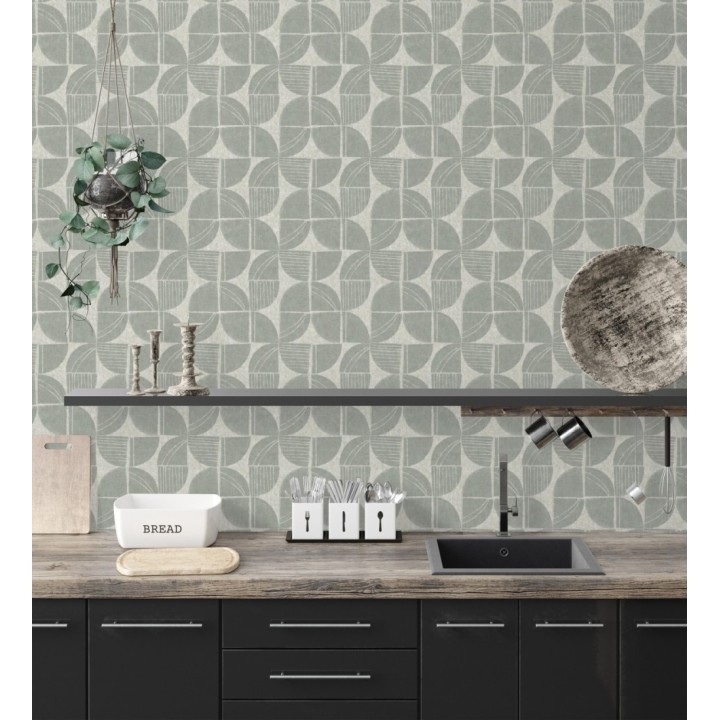 Papel pintado geométrico de inspiración africana verde salvia - Tribal Harmony 683083