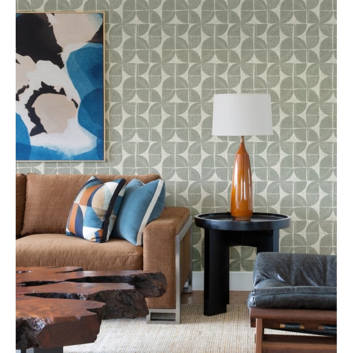 Papel pintado geométrico de inspiración africana verde salvia - Tribal Harmony 683083