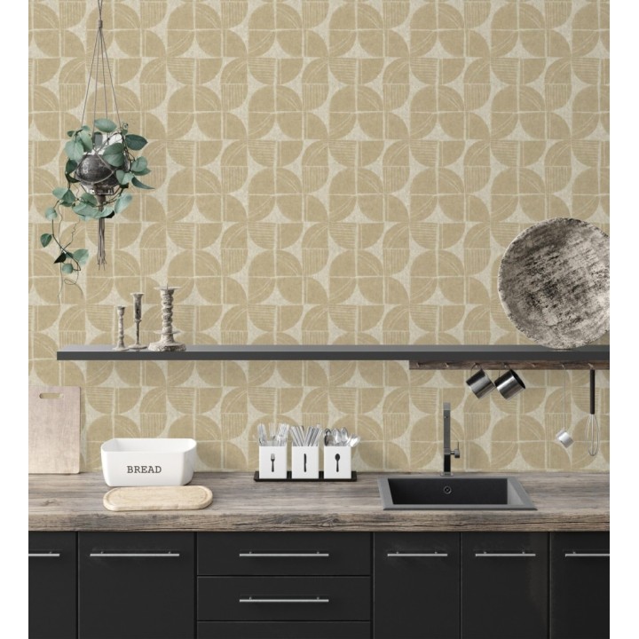 Papel pintado geométrico de inspiración africana color mostaza - Tribal Harmony 683084