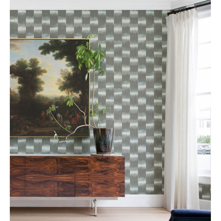 Papel pintado de rayas difuminadas con textura estilo Ikat tonos grises y verde agua - Nebula Glow 683085