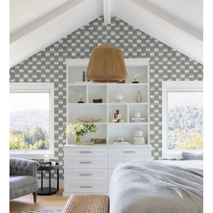 Papel pintado de rayas difuminadas con textura estilo Ikat tonos grises y verde agua - Nebula Glow 683085