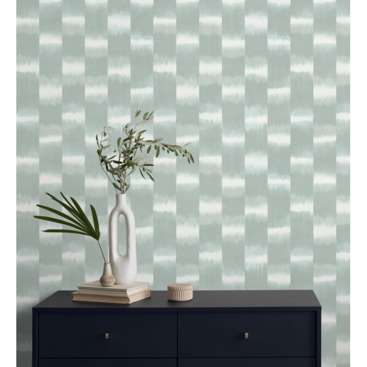 Papel pintado de rayas difuminadas con textura estilo Ikat tonos verde agua - Nebula Glow 683086