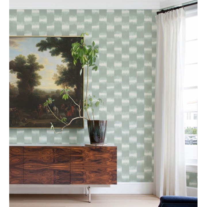 Papel pintado de rayas difuminadas con textura estilo Ikat tonos verde agua - Nebula Glow 683086
