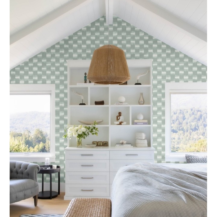 Papel pintado de rayas difuminadas con textura estilo Ikat tonos verde agua - Nebula Glow 683086