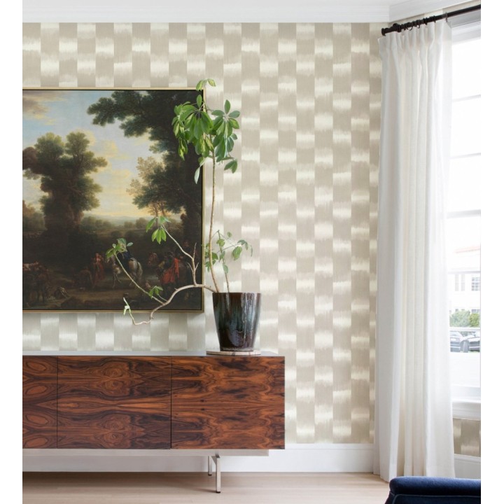 Papel pintado de rayas difuminadas con textura estilo Ikat tonos beige tostado - Nebula Glow 683087