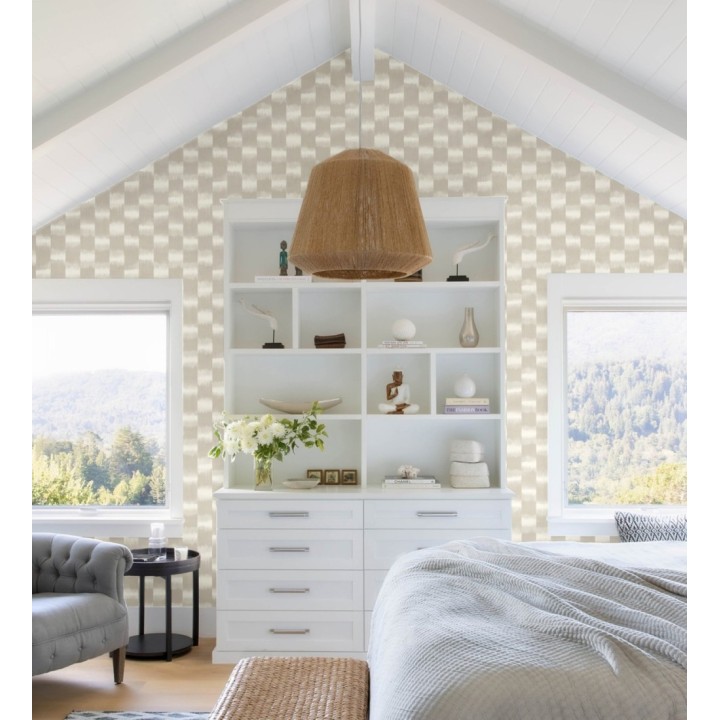 Papel pintado de rayas difuminadas con textura estilo Ikat tonos beige tostado - Nebula Glow 683087