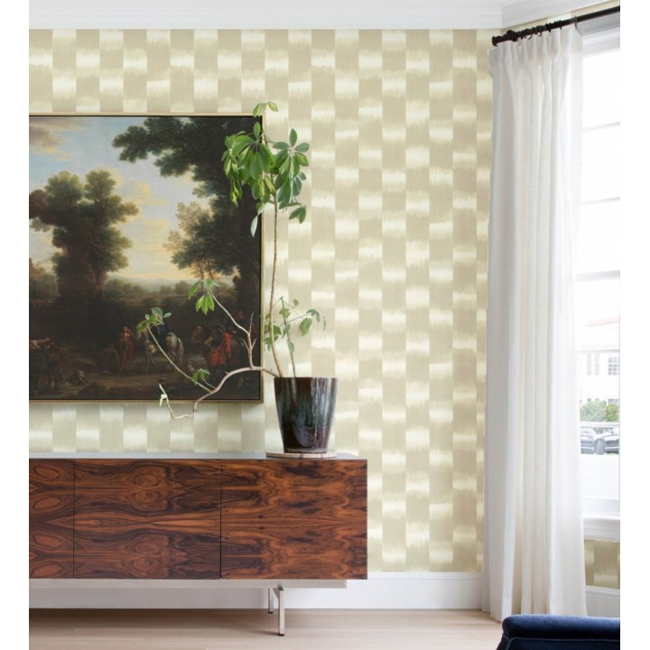 Papel pintado de rayas difuminadas con textura estilo Ikat tonos mostaza - Nebula Glow 683088