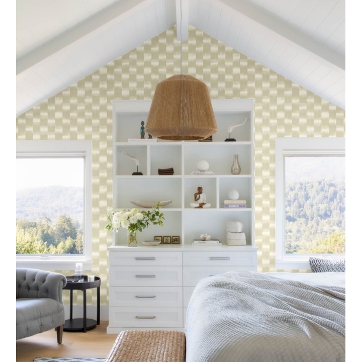 Papel pintado de rayas difuminadas con textura estilo Ikat tonos mostaza - Nebula Glow 683088