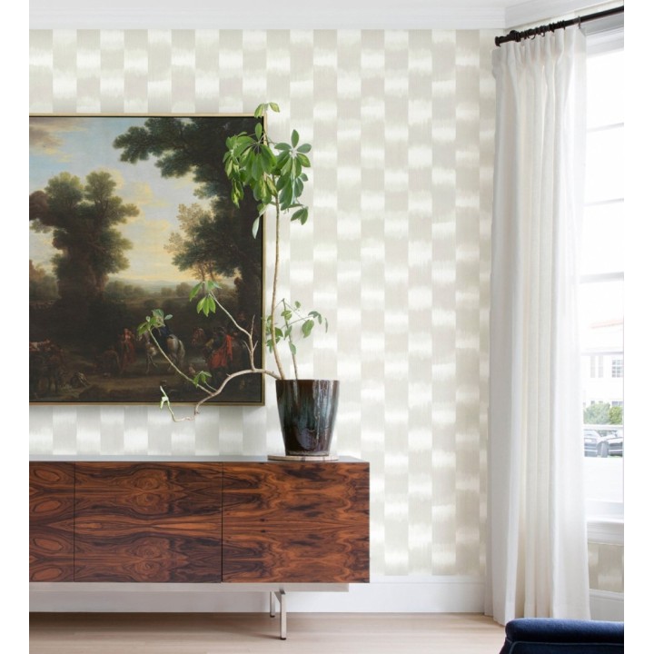Papel pintado de rayas difuminadas con textura estilo Ikat tonos grises y beige - Nebula Glow 683089